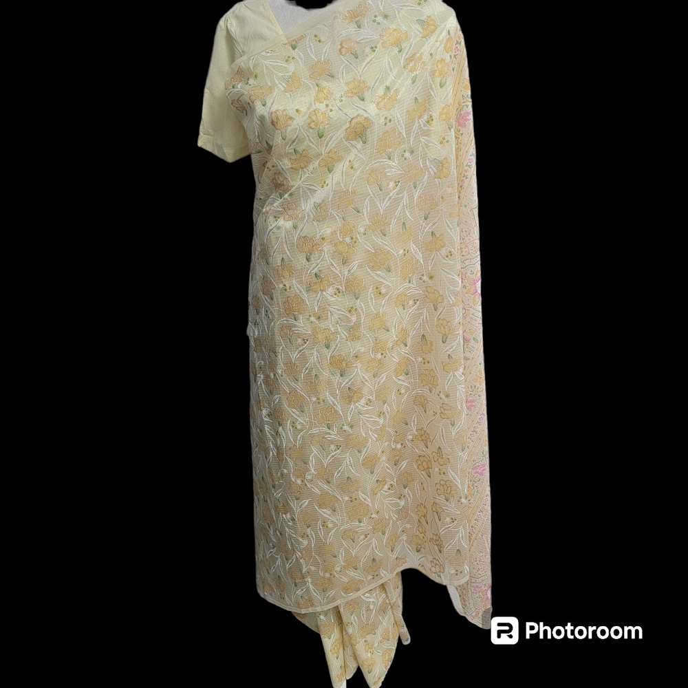 Yellow, silver, orange silk saree/sari for party or wedding
